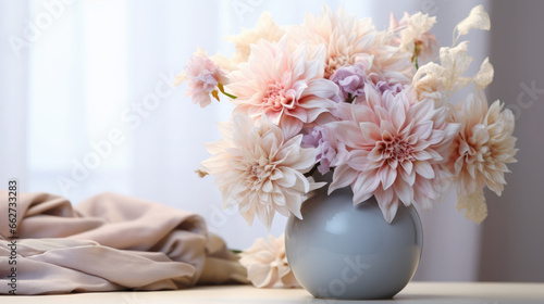 Beautiful dahlia or chrysanthemum flowers in a simple ceramic vase against the backdrop of a light simple interior