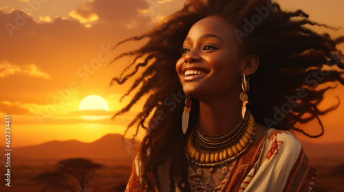 Pretty African American woman in countryside setting at sundown