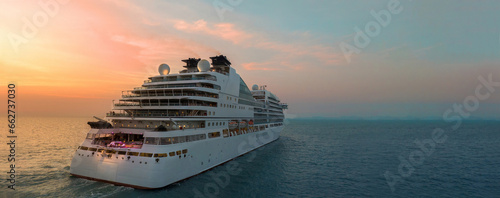 Cruise Ship, Cruise Liners beautiful white cruise ship above luxury cruise in the ocean sea at sunset time concept exclusive tourism travel on holiday take a vacation time on summer