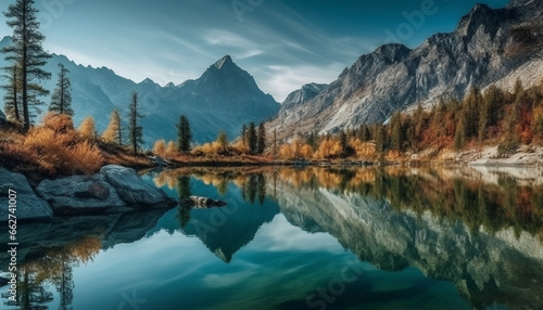 Tranquil scene of mountain range, forest, and reflection in water generated by AI