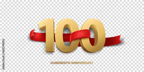 100th Year anniversary celebration background. 3D Golden number wrapped with red ribbon and confetti, isolated on transparent background.