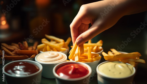 Hand holding grilled beef appetizer with fries and ketchup dip generated by AI