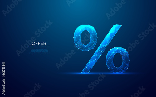 Digital percent icon. Abstract discount and offer concept. Low poly wireframe vector illustration in futuristic hologram blue style. Polygonal finance metaphor on dark blue background.