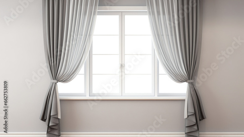 Empty Room with Window, Center-Parted Grey Curtains