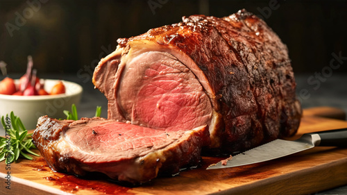 Delicious standing rib roasted with cut off slice on wood cutting board. Holiday meal for family dinner celebrations