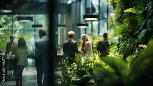 Office space with lush green plants. Sustainable and nature friendly corporate environment. Workspace for business productivity and employee wellbeing. Environmental responsibility in business, ESG