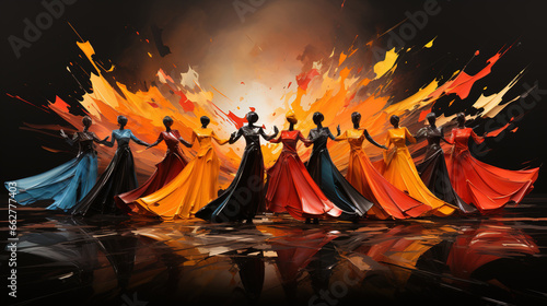 Contemporary Style of A Group of African American Dancers Perform Dance Oil Painting Background