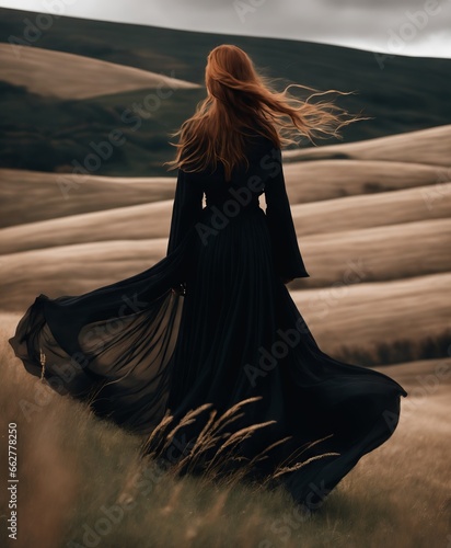a woman in a black dress standing in a field, long cloak