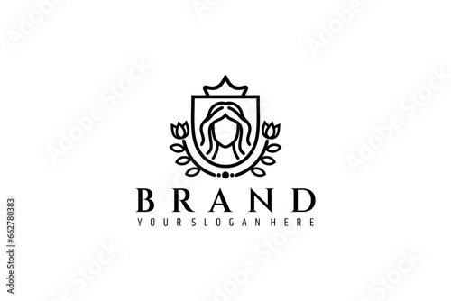 queen inside shield with ornate crown and flowers line art logo design
