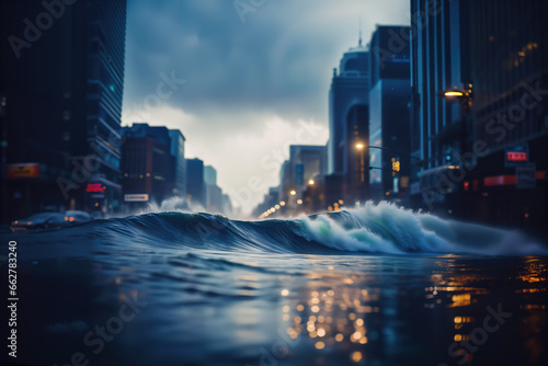 Global warming, sea level rise and coastal flooding. Waves flooding city center street.