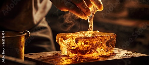 An experienced refiner pouring molten metal from a crucible into a mold With copyspace for text