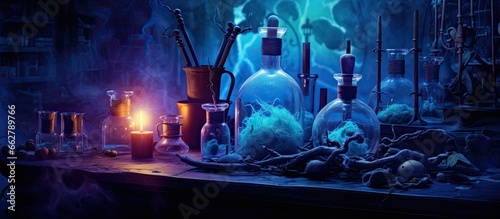 Halloween themed lab with blue light and magical potion for witches With copyspace for text