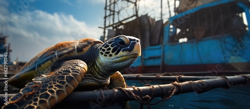 Bycatch turtle aboard fishing trawler With copyspace for text