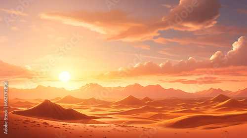 Produce a breathtaking visual of a desert landscape at sunset, with towering sand dunes and the fiery sun dipping below the horizon, illustrating the stark beauty and solitude of desert environments