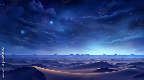 Produce a breathtaking visual of a starry night sky over a desert landscape, with sand dunes stretching to the horizon and the Milky Way galaxy shining brightly, highlighting the celestial beauty and 