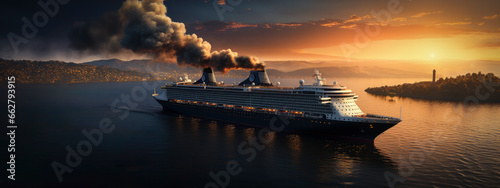 luxury cruise ship polluting the air with its large chimneys - Cruise ship pollution concept