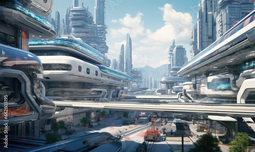 In the midst of the tall city, the futuristic train crosses a bustling intersection.