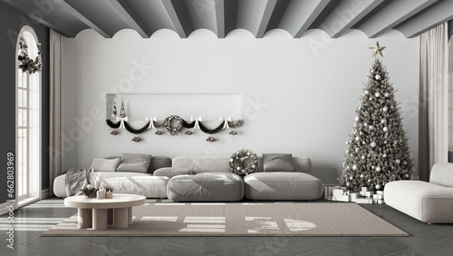 Modern living room with sofa and carpet, parquet and vaulted ceiling. Christmas tree and presents, white and dark scandinavian minimalist interior design