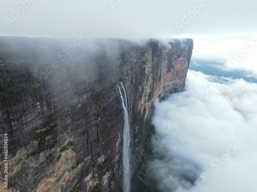 Aerial view of Mount Roraima sheer wall with waterfalls, Canaima National Park, Venezuela, South America