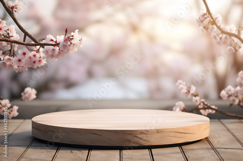 winter wooden podium mockup for cosmetics, products,perfumes or jewelry with spring Cherry blossom background，spring sakura