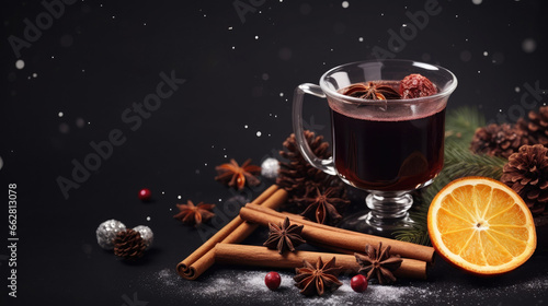 Christmas glass of mulled wine or grog on a dark surface with spices and citrus fruits. Free space for product placement or advertising text.