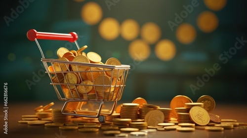 Growth of food sales or growth of market basket or consumer price index concept. Shopping basket with foods on coin stacks. 3d illustration