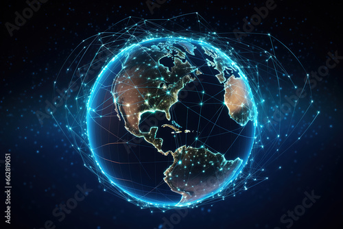 Global communication network around planet Earth in space, worldwide exchange of information by internet and connected satellites for finance, cryptocurrency or IoT technology.