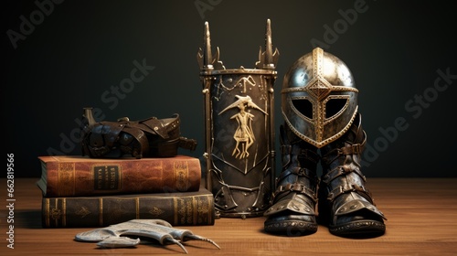 3D illustration of armor of God with helmet of salvation, breastplate of righteousness, belt of truth, shoes of readiness, sword of the spirit and shield of faith from Ephesians 6:13-14 bible verse.