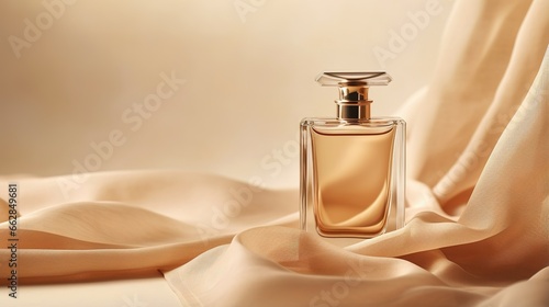 Generative AI, Bottle of perfume on a beige silk background. Glass flask with beige fragrance packaging design mock up