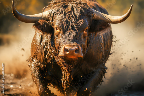 close-up of a bull running on mud, wildlife, wildlife