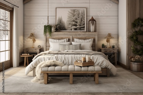 Design a cozy bedroom retreat with a rustic farmhouse theme