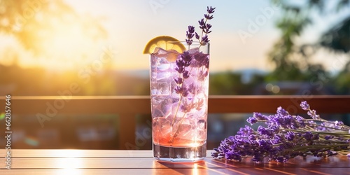 Summer trendy drink. Lavender lemonade with lavender flowers, lemon and ice cubes in transparent glass on table on blurred restaurant interior background. Healthy refreshing beverage.