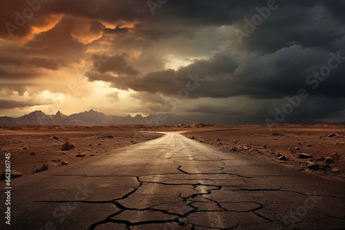 A cracked highway in a deserted.