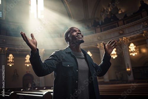 Christian man standing in church and raising his hands in worship.