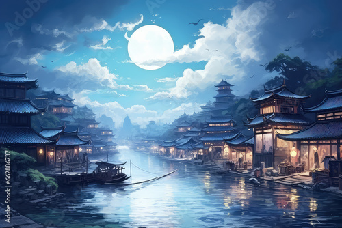 oil painting on canvas, Xitang ancient town , Xitang is first batch of Chinese historical and cultural town in the night, located in Zhejiang Province, China. (ai generated)