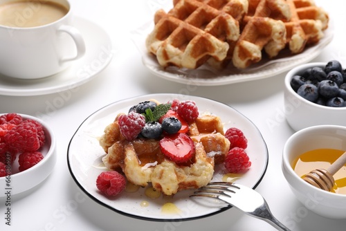 Delicious Belgian waffles with fresh berries and honey served on white table