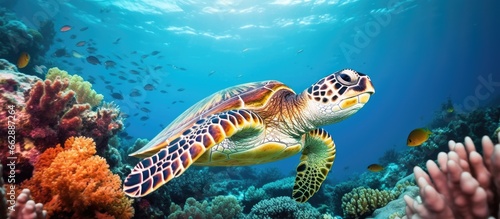 Hawksbill sea turtle in Bali s underwater world With copyspace for text