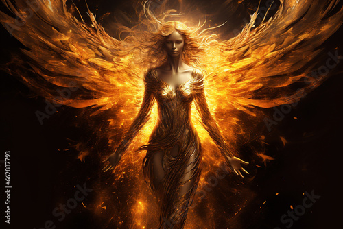 Fantasy concept. Beautiful golden phoenix woman humanoid portrait. Girl silhouette rises like Phoenix from ashes with flames and fire. Model with wings. Generative AI