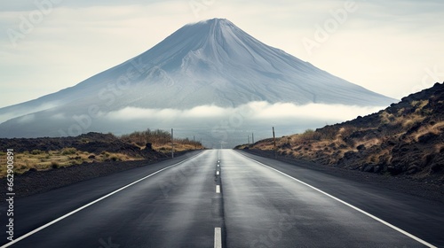  a long road with a mountain in the background and clouds in the sky. generative ai
