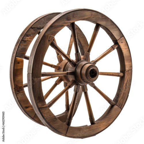 Vintage wooden wagon wheel isolated on transparent background.