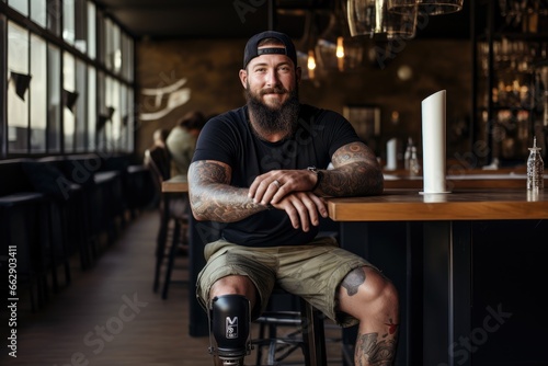 A man sits in a cafe and looks at the camera, a bionic prosthesis on his leg