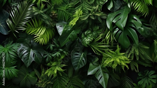 A collection of various tropical leaves artistically arranged, creating a visually striking and dynamic composition.