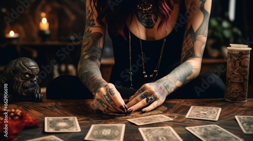 a close up of female hands drawing the tarot cards from the deck. A fortune teller woman with tattoos doing divination indoors