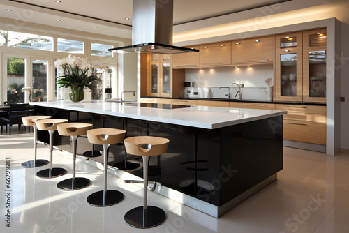 Modern luxury design kitchen room interior, dining island table with chairs