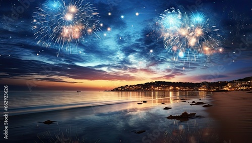 Fireworks over beach blue night sky