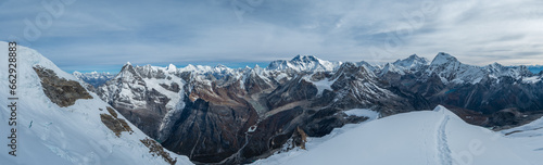 Mount Everest, Nuptse, Lhotse with South Face wall, Makalu, Chamlang beautiful panoramic shot of a High Himalayas from Mera peak high camp site at 5800m. 43MP high definition multishot photo.