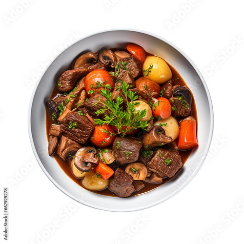 stewed beef meat with vegetables and mushrooms top view isolated on white background, ai generated