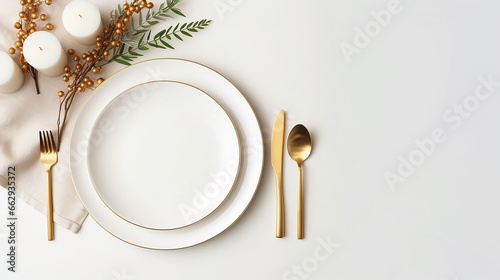 vista superior minimalista Elegante mesa dourada e branca com guirlanda e velas