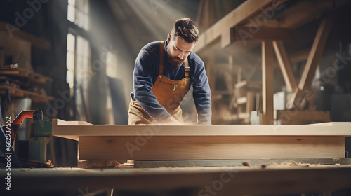 Un homme charpentier en train de construire une pièce de bois. 