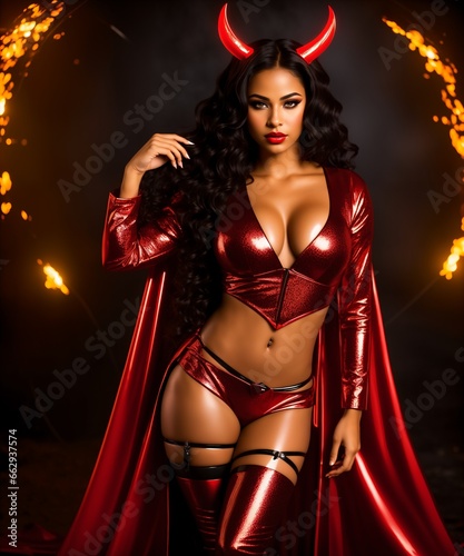 Sexy woman in red lingerie and red devil horns. Halloween.